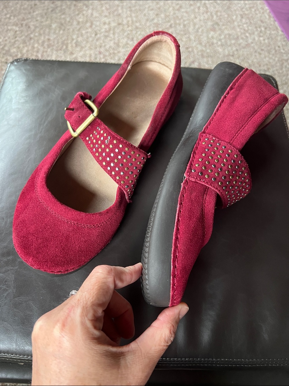 Vionic Burgundy Suede Mary Jane Shoes with Studded Strap - Picture 3 of 8